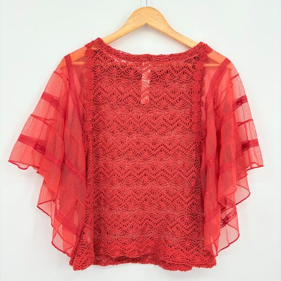 Free People Crochet Lace Angel Sleeve Blouse in Orange New Romantics Sz XS, Boho - Picture 2 of 9